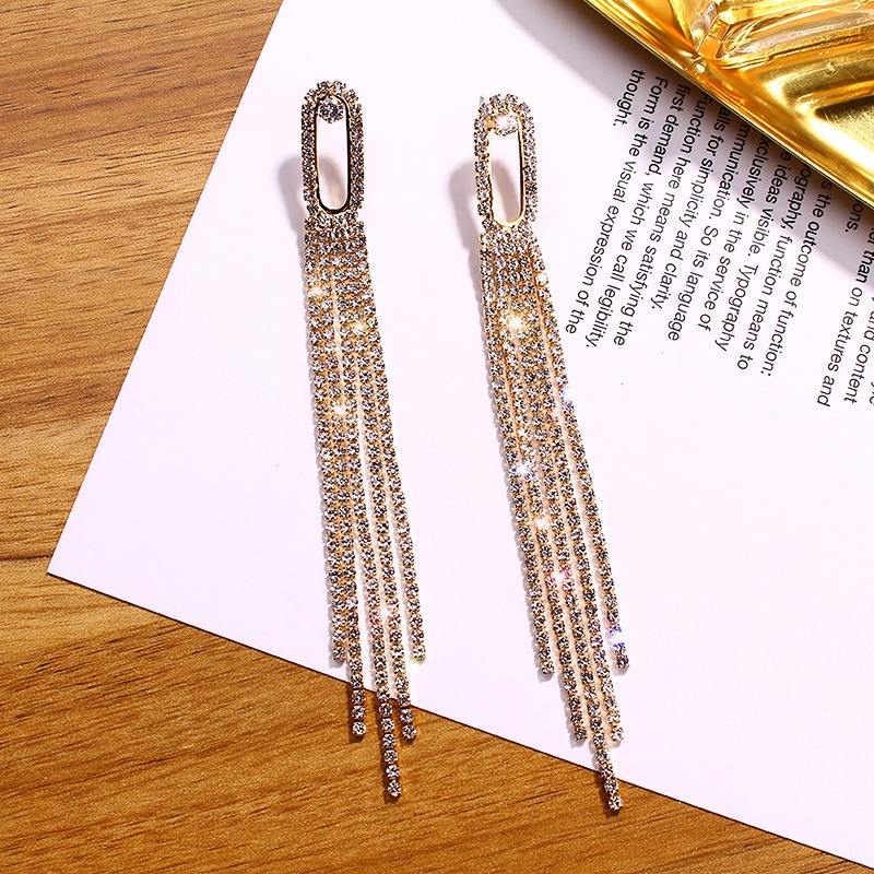 Gold and Silver Rectangle Hollow Geometric Long Tassel Rhinestone Stud Earrings