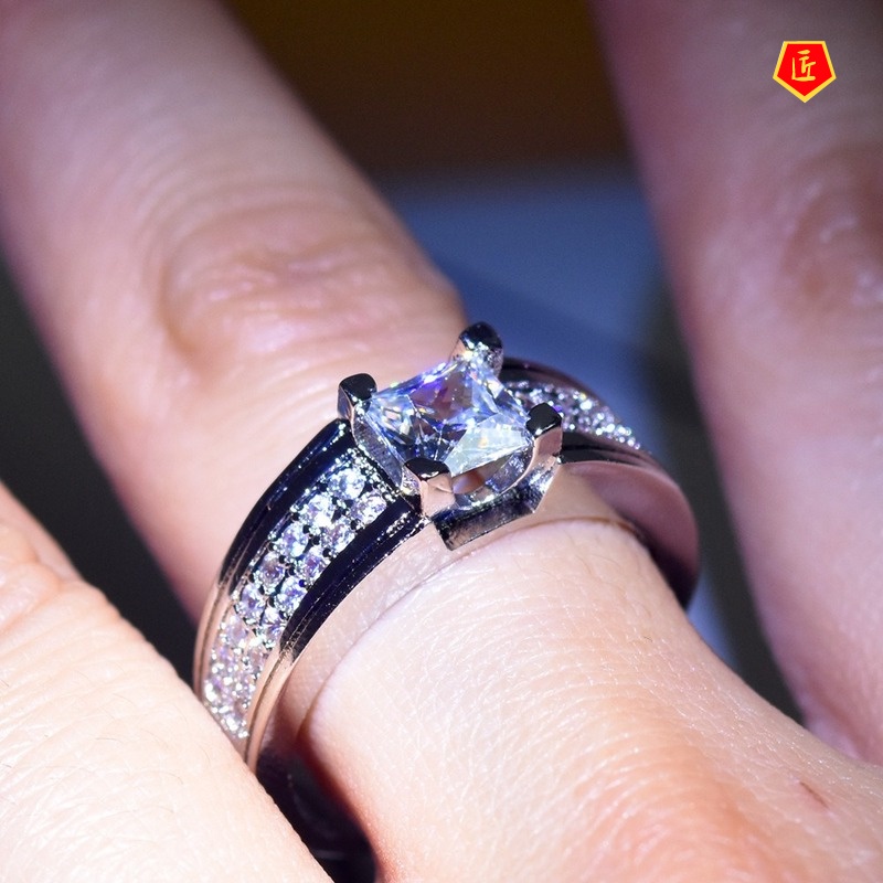 [Ready Stock]Inlaid Square Diamond Ring Stylish and Simple Personality