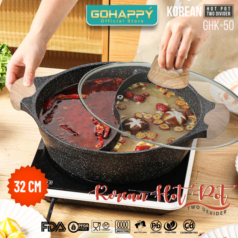 PANCI HOT POT GRILL PAN KUAH GHK50 Gohappy Yinyang shabu shabu/steamboat pan 2devided /sekat BESAR 32CM - BONUS TUTUP KACA PREMIUM