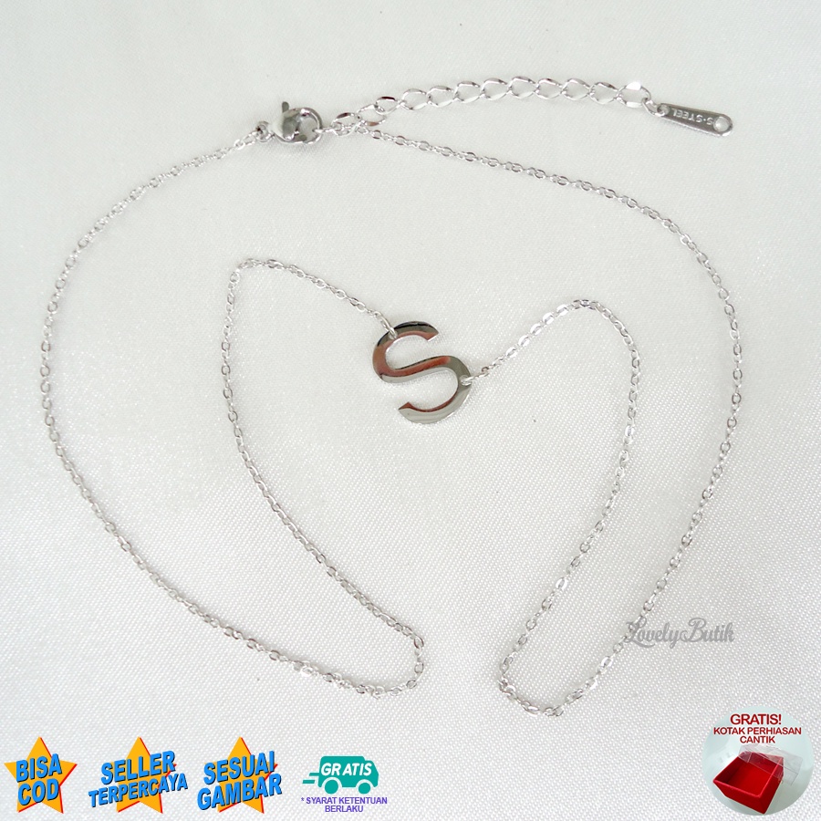 Lovelybutik Kalung Titanium Inisial Abjad L3tters Kalung Alfabet Huruf N,S Bahan Titanium Warna Silver Bonus Kotak Perhiasan