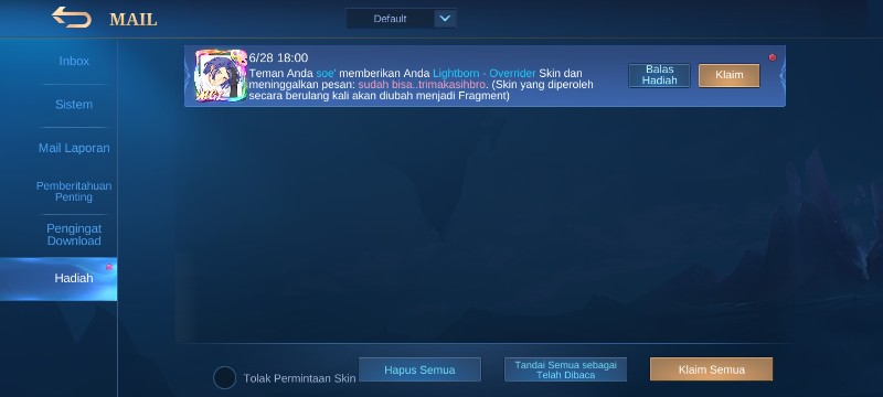 Skin Epic/lightborn 1089 Via Gift Delay 7 Hari