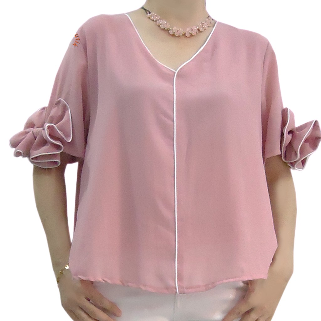 Lovelybutik Blouse Wanita Gaya Korea Lengan Pendek Model Pita Ditangan Ros4li4 Atasan Wanita Terbaru