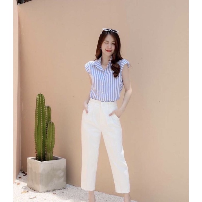 Kemeja salur wanita lengan pendek /atasan stripe women shirt Casual / kemeja basic simple