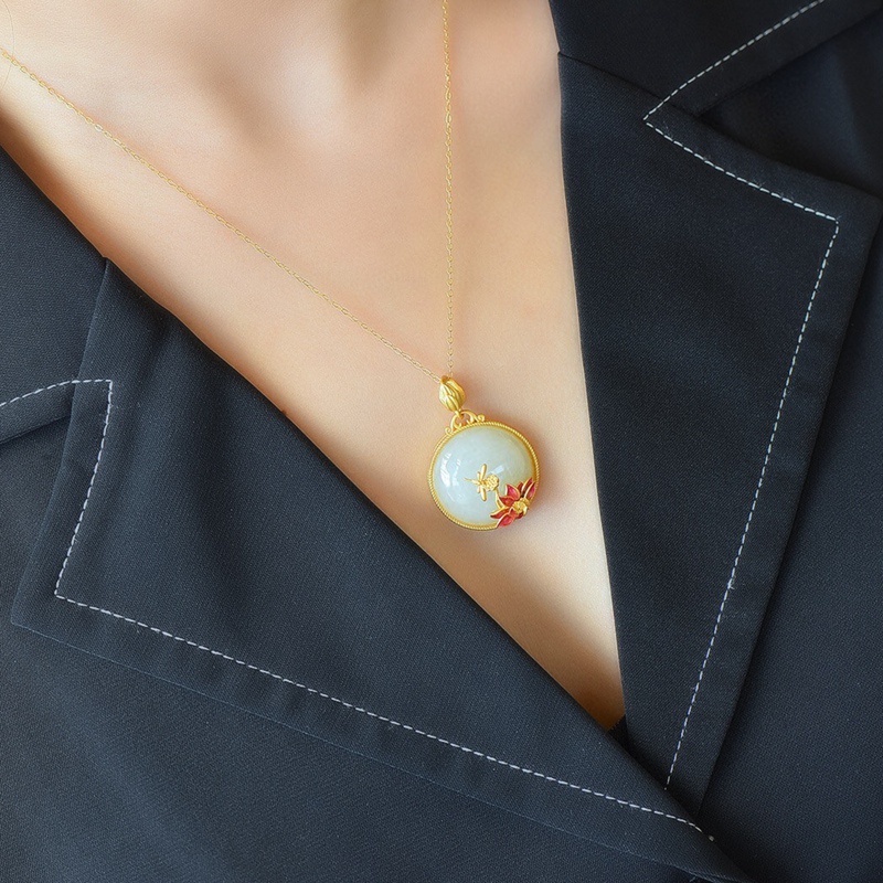 Chinese Style Enamel Color Lotus Flower Elegant Female Charm Hotan White Jade Stone Pendants Necklace Vintage Minorities Jewelry
