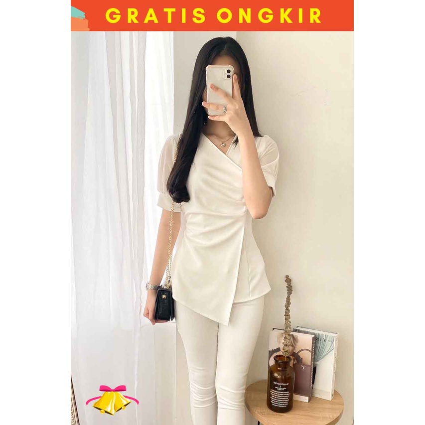 COTTONBELLS ATASAN CASUAL WANITA SCUBA KEIZA PLAID V TIED TOP (AL - B 12583)-7