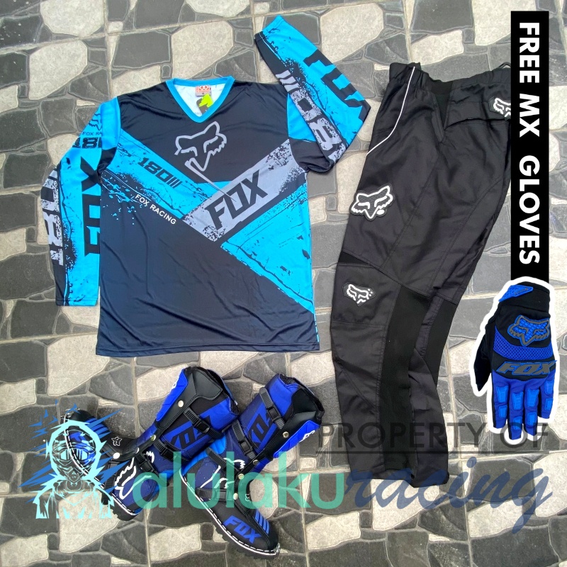 Jersey, Celana, Sarung Tangan &amp; Sepatu Fullprint with Protectors Fullset MX Trail Motocross - Paket Bundling FOCTFG180106-F46