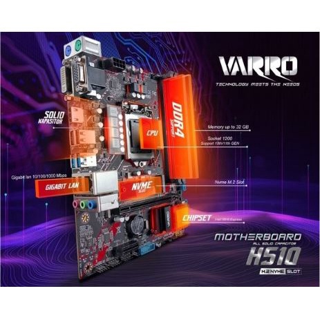 Motherboard Varro H510 intel lga 1200 gen 11 10 ddr4 m2 nvme usb gigabit lan sata 3.0 hdmi dvi vga ps2 micro Atx - Mainboard