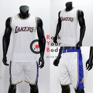 Stelan Jersey Basket Lakers Putih White Dewasa GO Premium - Baju Basket LAKERS - Celana Basket LAKERS- Jersey Basket NBA - Celana Basket NBA