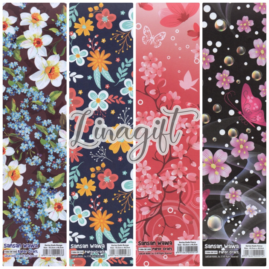 ( 5 Lembar ) FLOWER SANWA - KERTAS KADO - GIFT WRAP PAPER SANSAN WAWA FLOWER BUNGA BUTTERFLY