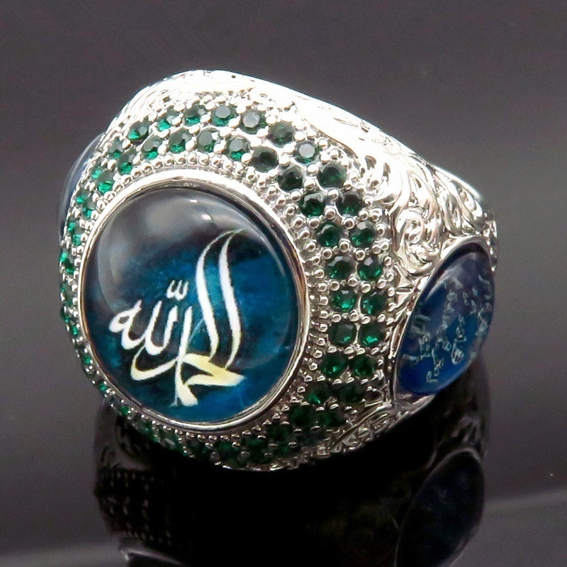 Cincin Batu Emerald Inlay Mewah Untuk Pria Muslim