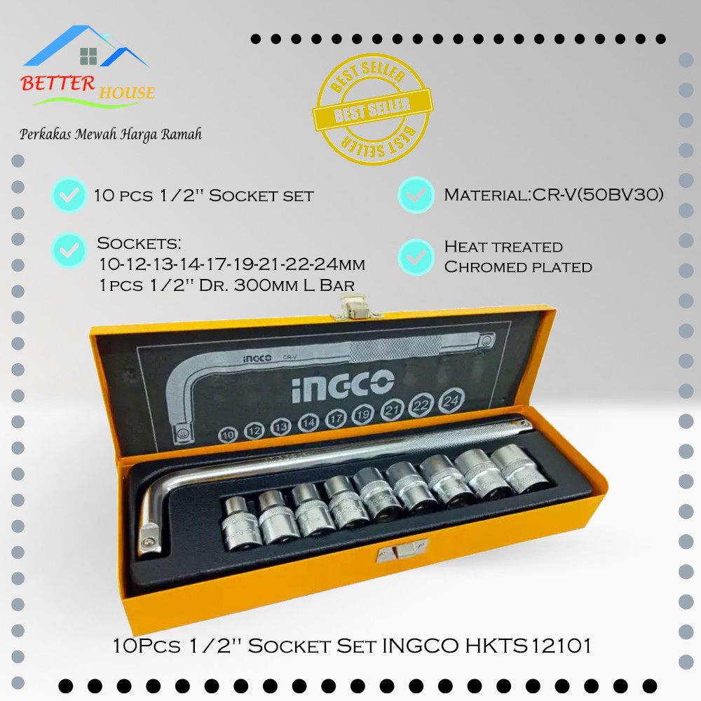 Kunci Sok Soket Shock Set 10Pcs 1/2" Socket Set INGCO HKTS12101