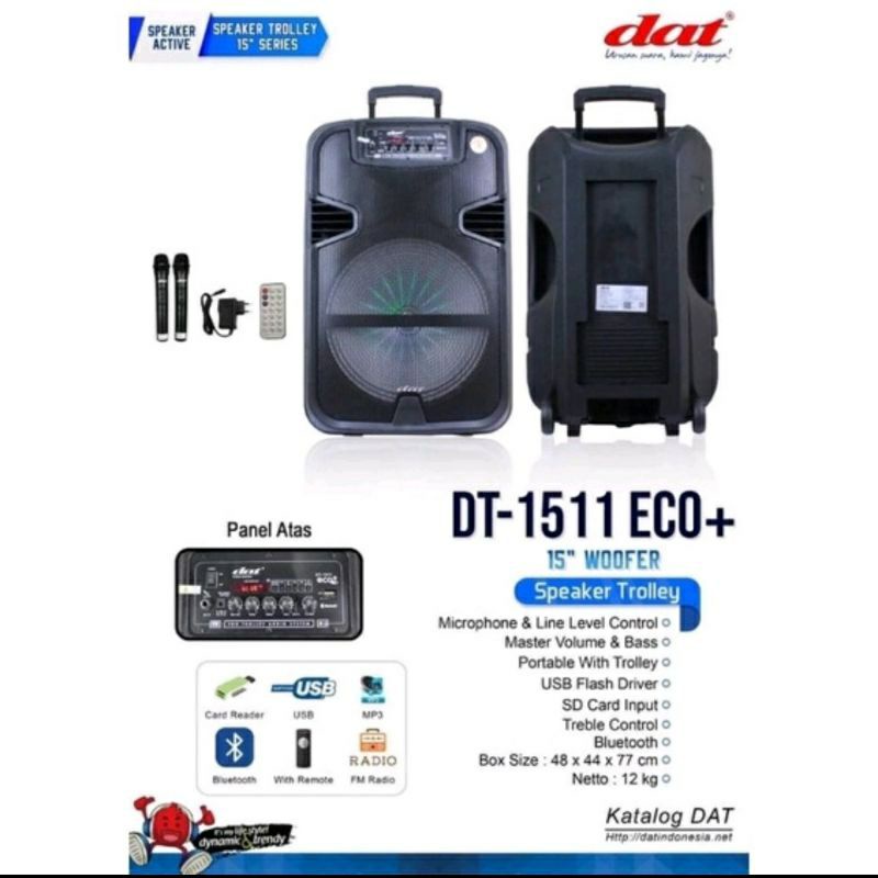 Speaker Portable 15inch Bluetooth DAT DT 1511 + 2 Mic Wireless