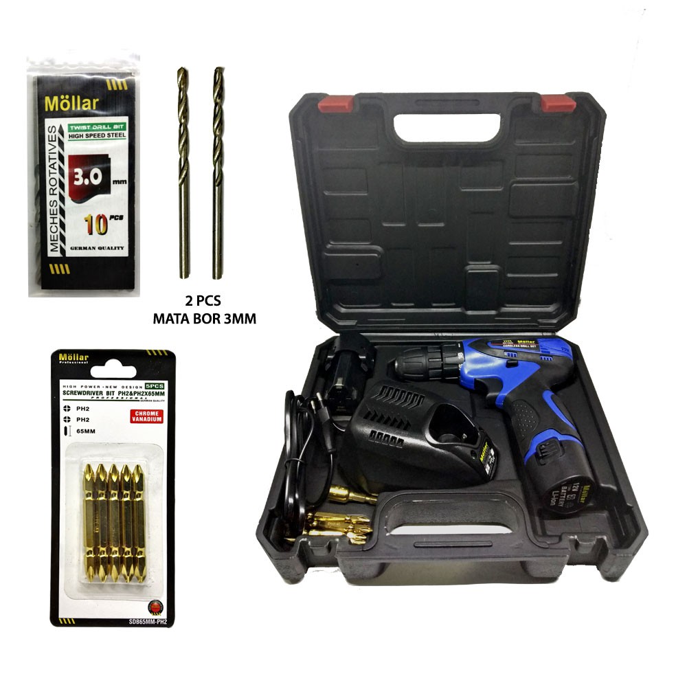 [PAKET] MOLLAR CDD35 Bor Cordless & 2 Pcs Mata Bor & 5 Pcs Mata Obeng