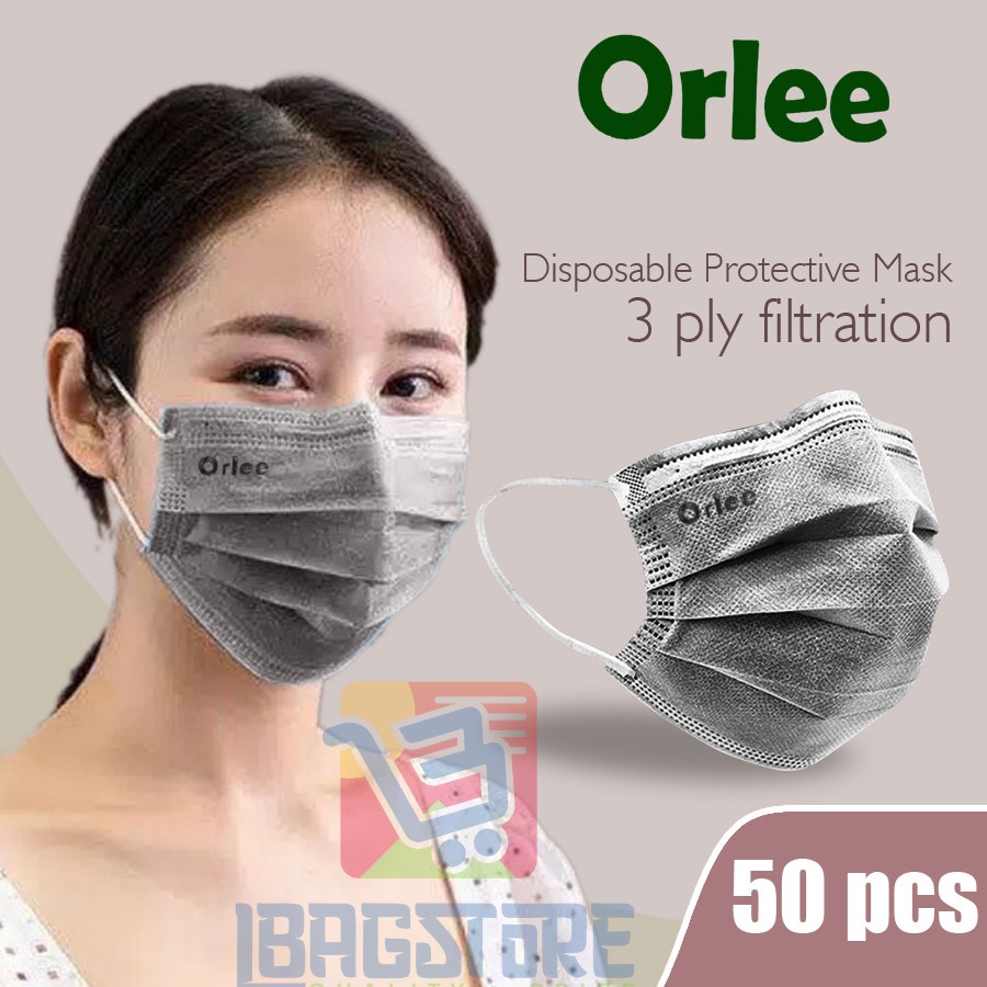 Masker Orlee Earloop Abu Abu Grey 3 ply 3ply 3 Lapis isi 50
