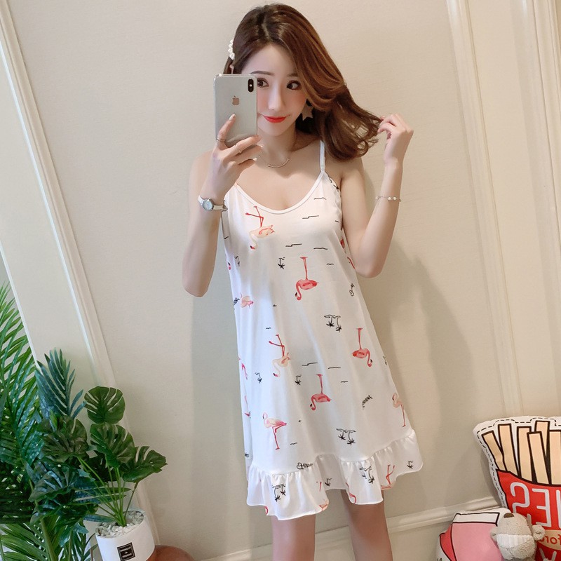BAJU TIDUR DRESS PIYAMA IMPORT PREMIUM IMUT BANYAK MOTIF-Flamingo Putih