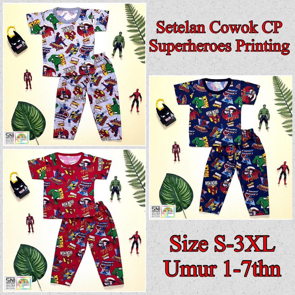 RAINBOW SETELAN / SET BAJU ANAK COWOK / CEWEK UNISEX CELANA PANJANG CP 1-8 TAHUN FULLPRINT SUPERHERO &quot;PART 2&quot;