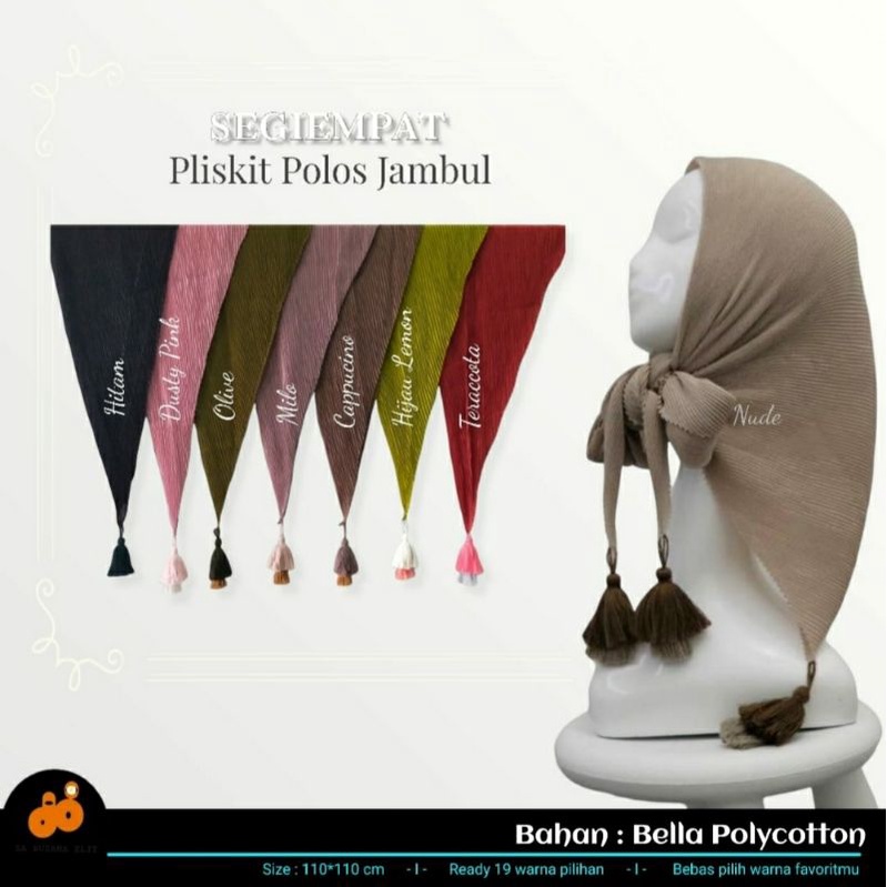 Hijab Segi empat Plisket Tasel Jambul Polos Ronce/Plisket Bandul Pom-Pom matt Pollycotton Premium