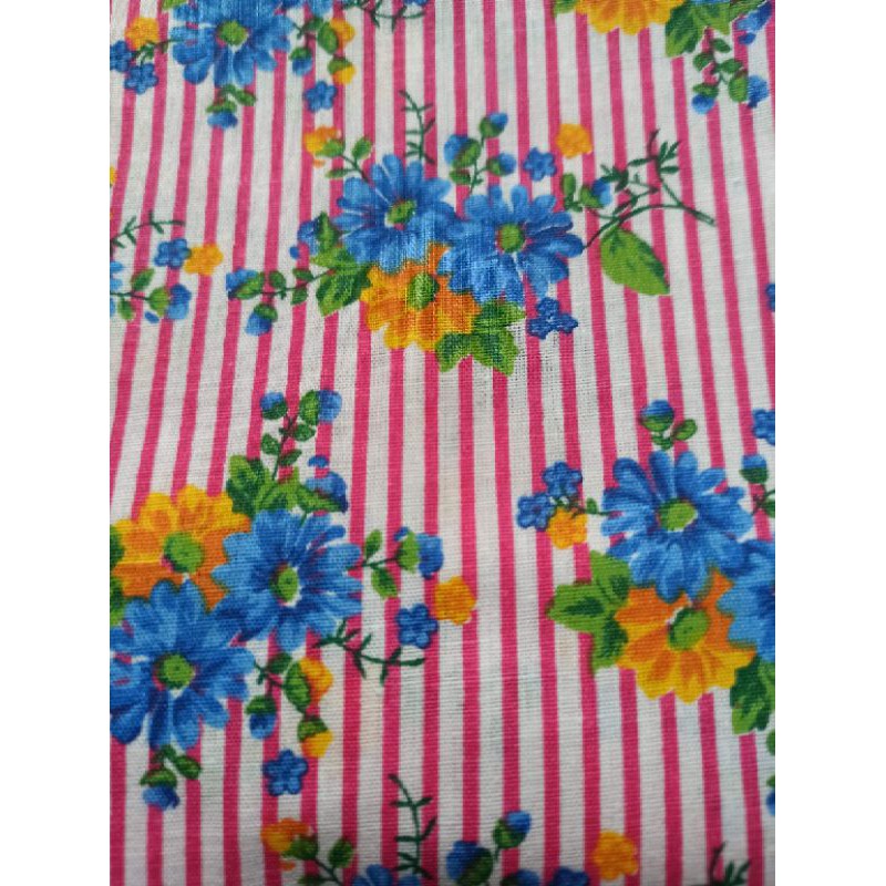 Kain katun lebar 115 cm motif garis pink motif bunga