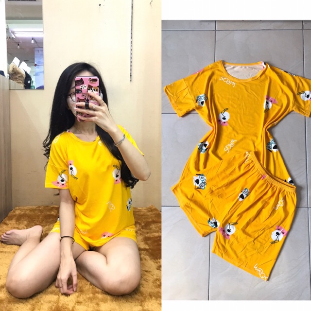 Piyama motif dog yellow. Pajamas/homewear/sleepwear motif dog yellow pendek import