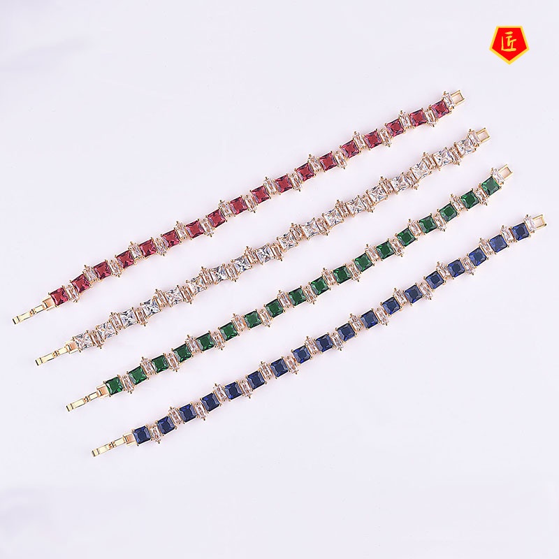 [Ready Stock]New Inlaid Colored Gem Square Diamond Bracelet 18K Gold