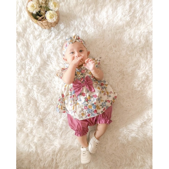 setelan anak perempuan baju pergi anak perempuan set bando anak baby balita 1-2 tahun MILLEA SAKURA LILY SET