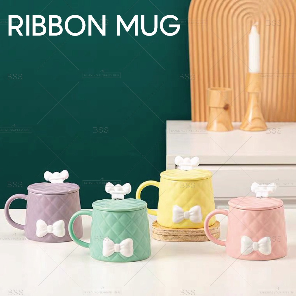 Cangkir Mug Keramik Motif Pita Gelas minum Lucu Warna Warni