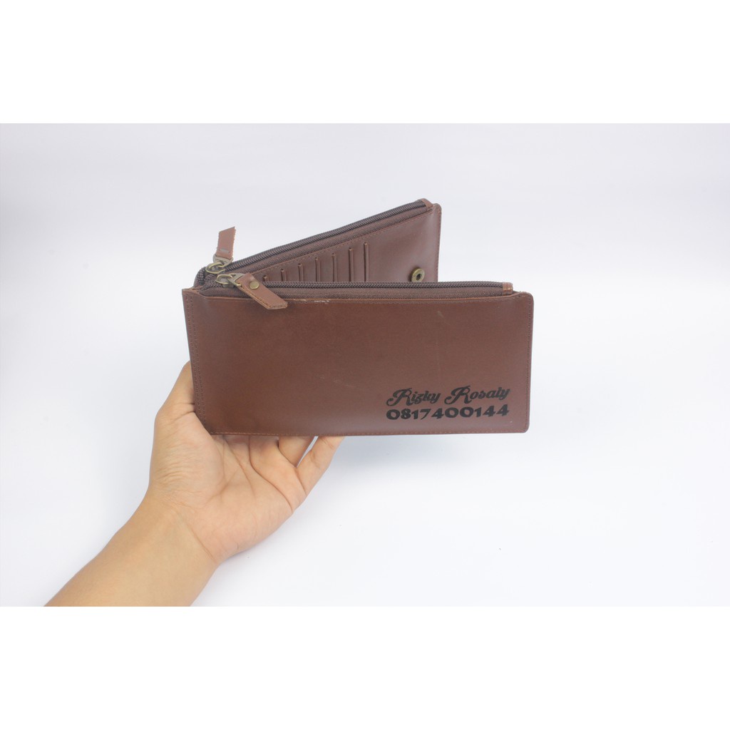 Dompet Panjang Pria Wanita Kulit Sapi Asli Warna Coklat Tua + Free Grafir Custom