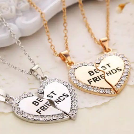 2pcs Kalung Best Friends Liontin Hati Aksen Berlian Imitasi