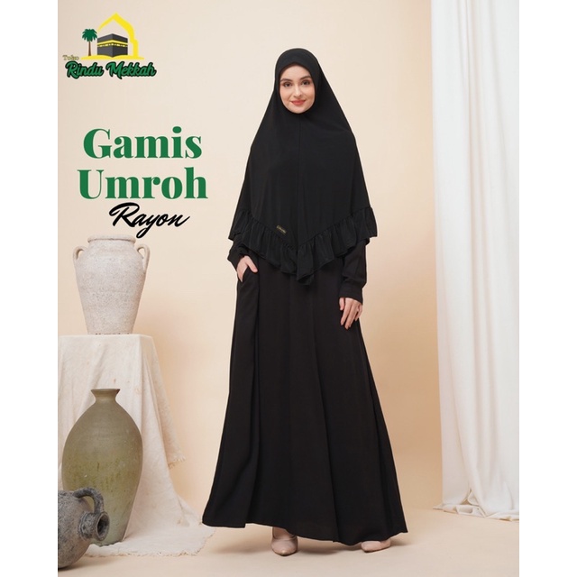Gamis Rayon Hitam set Kerudung bergo Ihrom Umroh Haji