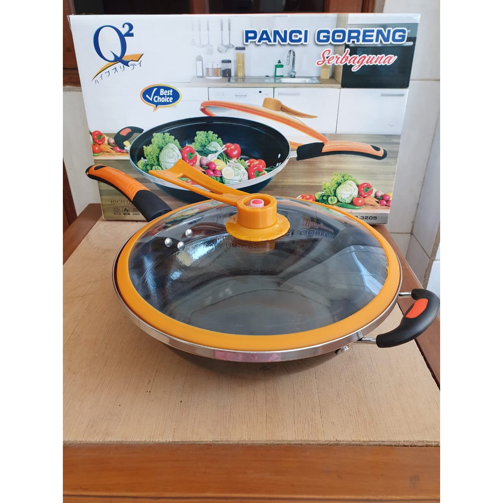 Panci Goreng Enamel Q2 3205 Wajan Penggorengan Wok Tutup Kaca 32cm