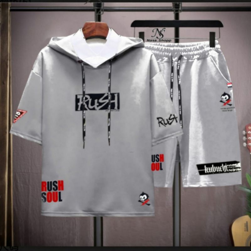 N_S Stelan Pria/Wanita 1Set Distro Baju Hoodie+Celana Pendek RUSH