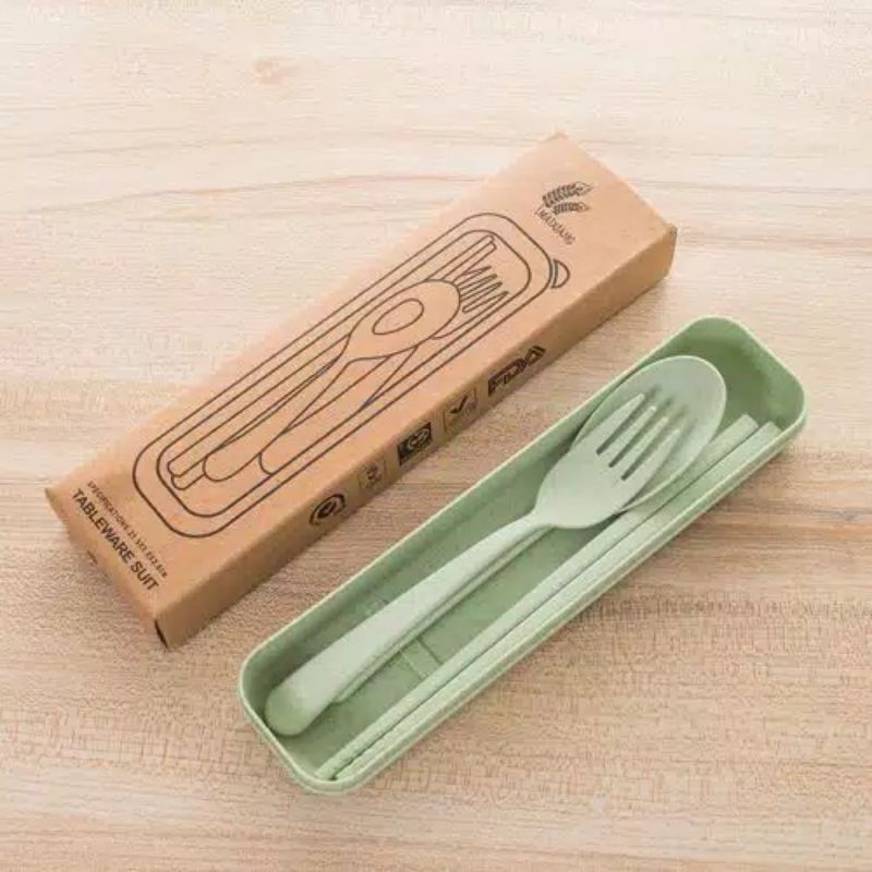 mrcaisen SENDOK GARPU SUMPIT SET KOTAK alami jerami gandum ramah lingkungan tahan panas