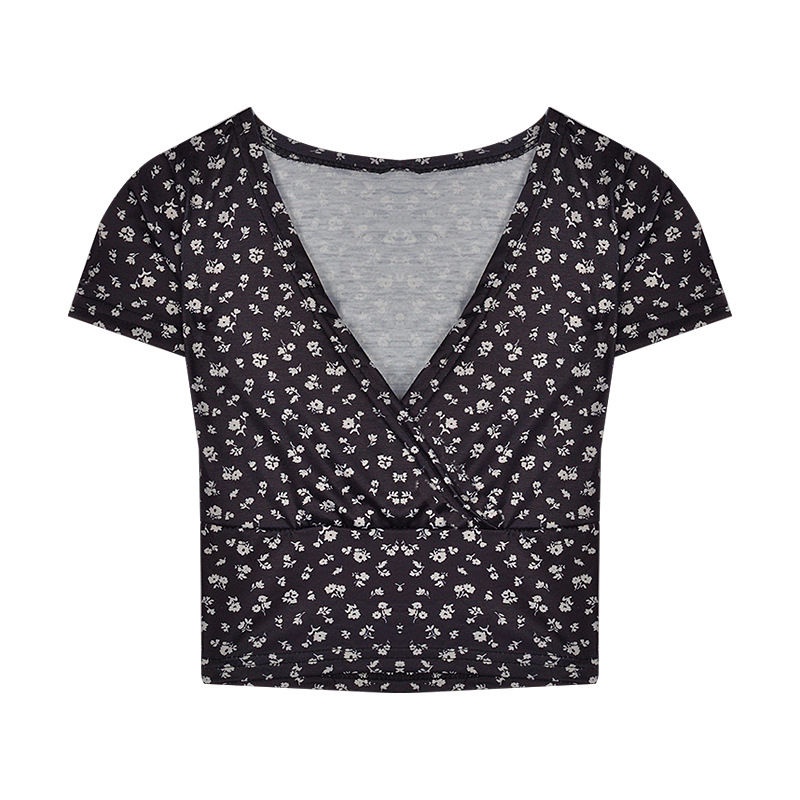 Pro Spice Girls Floral Pusar V-Neck Pendek T-shirt Wanita Musim Panas Slim Fit Desain Ramping Rasa K