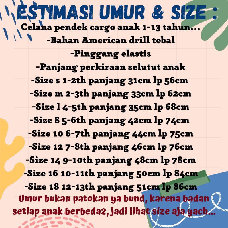 celana cargo pendek anak laki laki usia 1 2 3 4 5 6 7 8 9 10 11 12 13 tahun