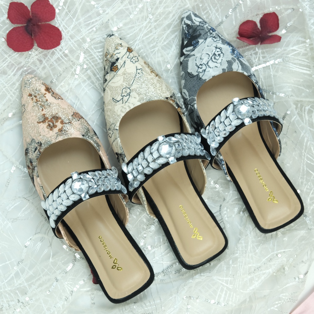 FLASH SALE 7.7 Flat Shoes Luvy Motif FloraL Strap Diamond Mules Wanita MORIS 03