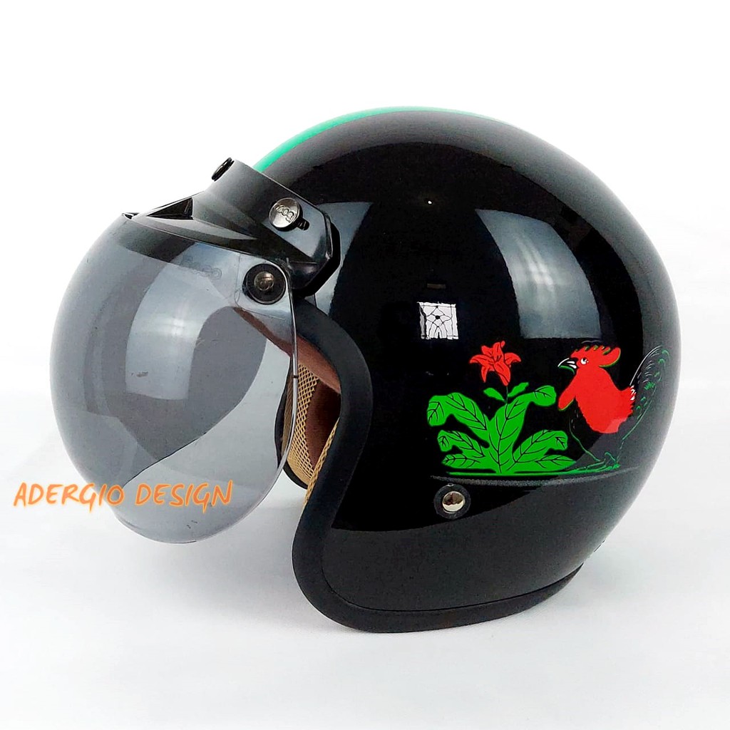 THINOS Helm Motor SNI Bogo Retro Motif Ayam Jago Hitam Glossy