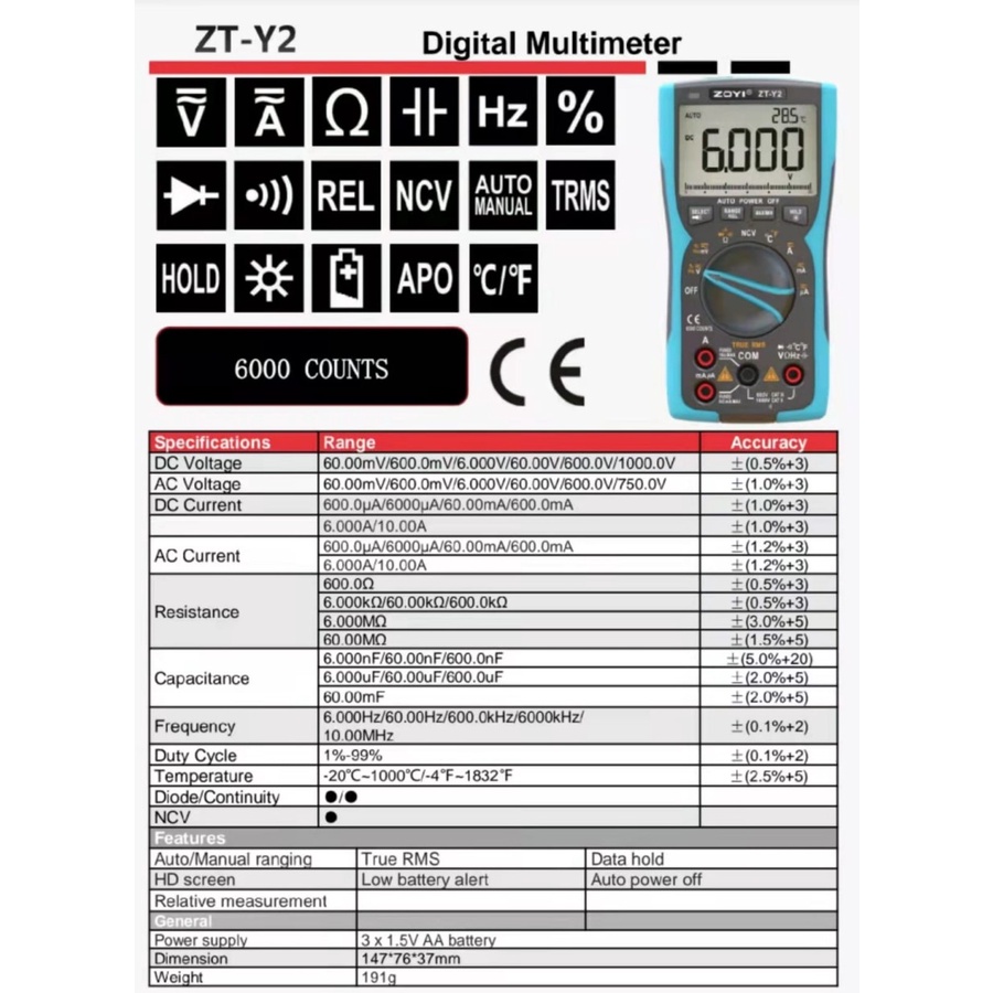 ZOYI ZT-Y2 True RMS Multimeter Digital Auto / Manual Range Capasistor