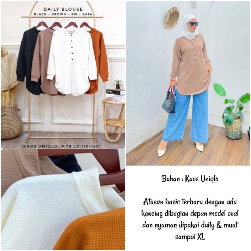 BJ Atasan Blouse Kaos Waffle Uniqlo Wanita Jumbo Lengan Panjang Ld 120 Daily Blus
