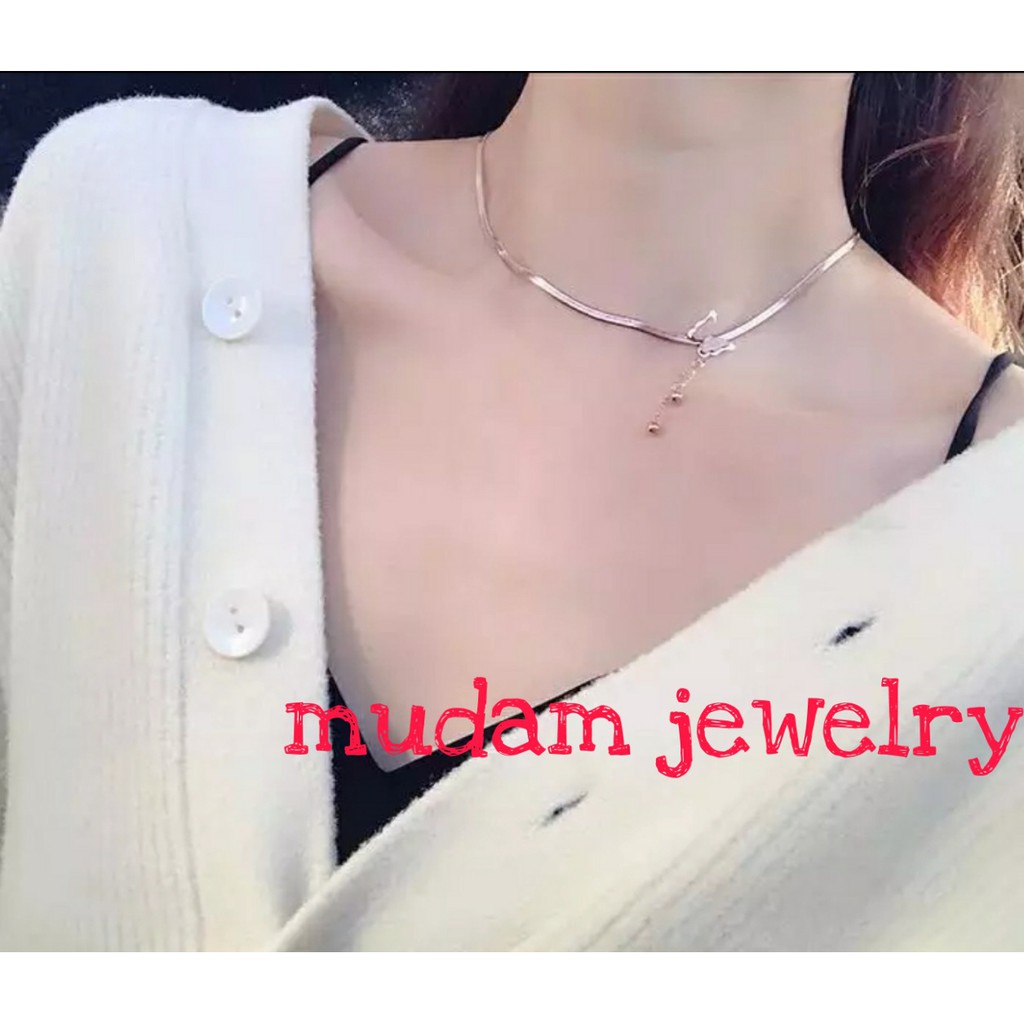 Kalung Rantai Belut Titanium Model Kupu - Kupu Rumbai Tersedia Warna Gold, Rose Gold dan Silver