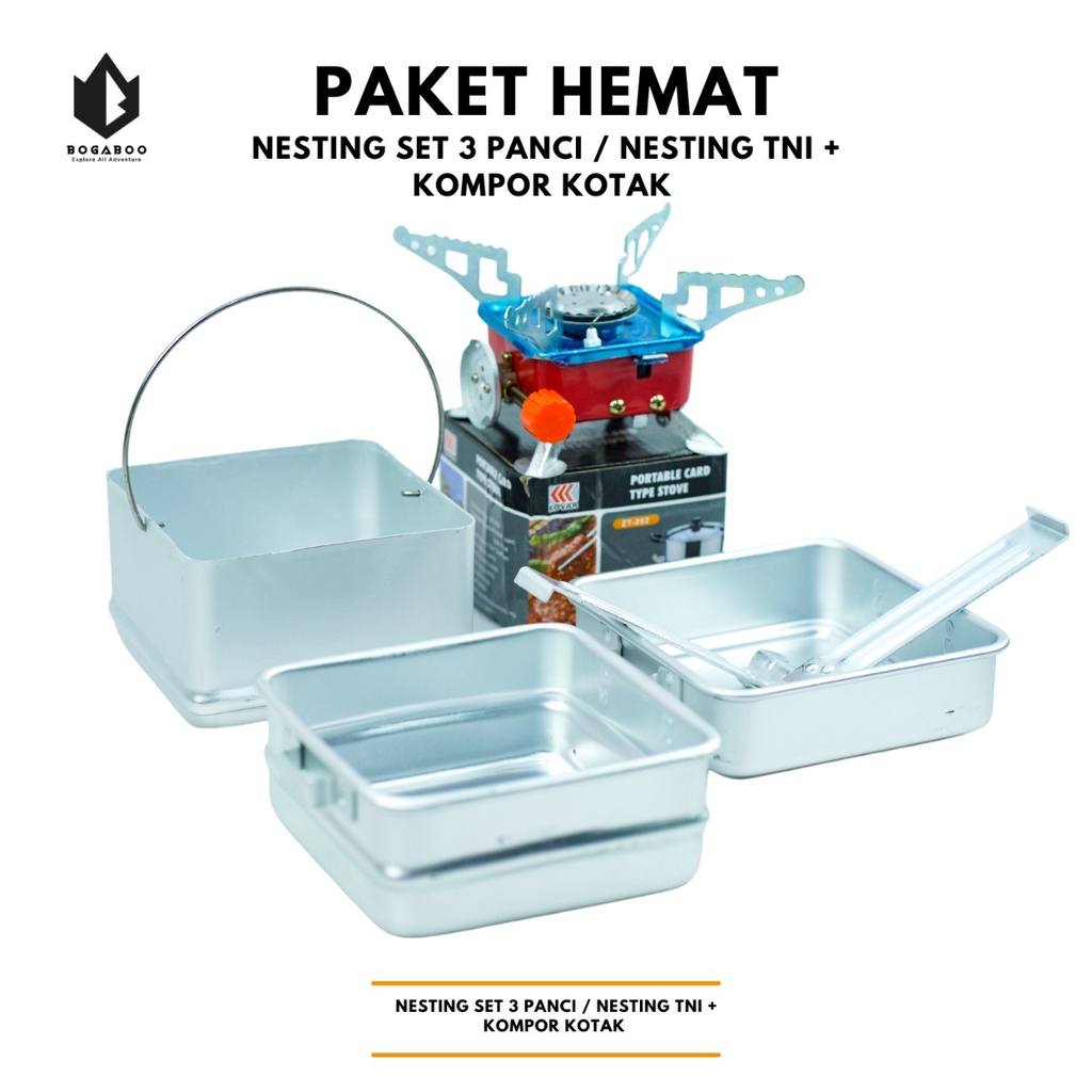 PAKET HEMAT - Nesting Set 3 Panci + Kompor Kotak kovar - Paket  Nesting Set