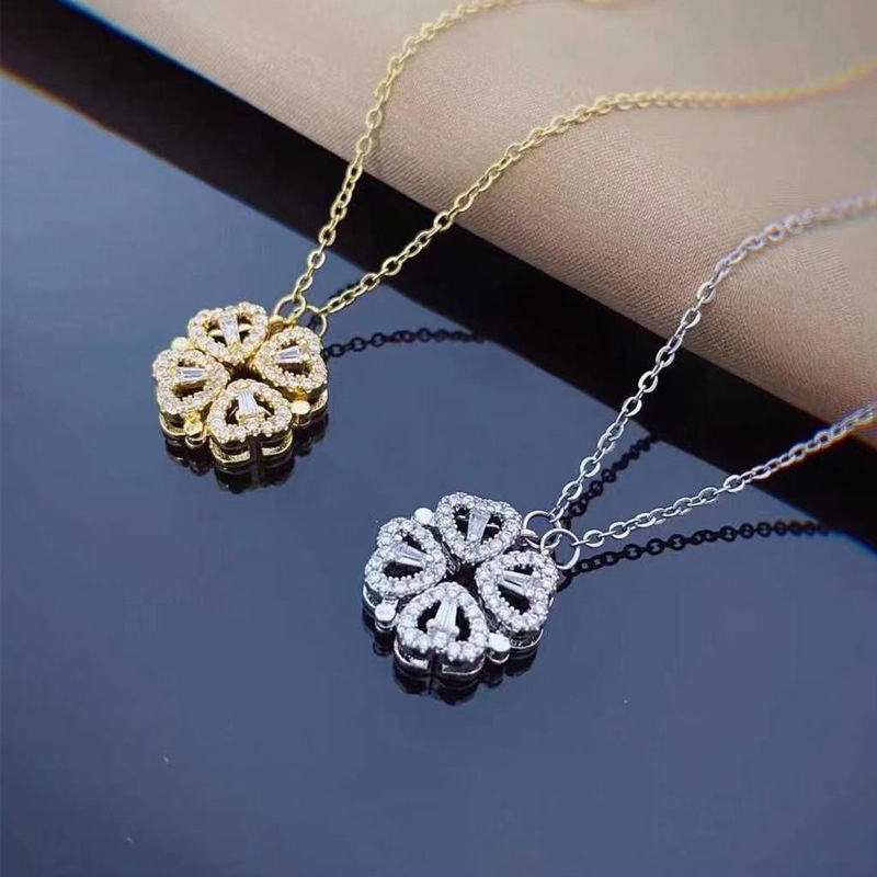 Kalung Anti Karat Korea Hati Berlian Empat Daun Semanggi Liontin Kalung Aksesoris Fashion