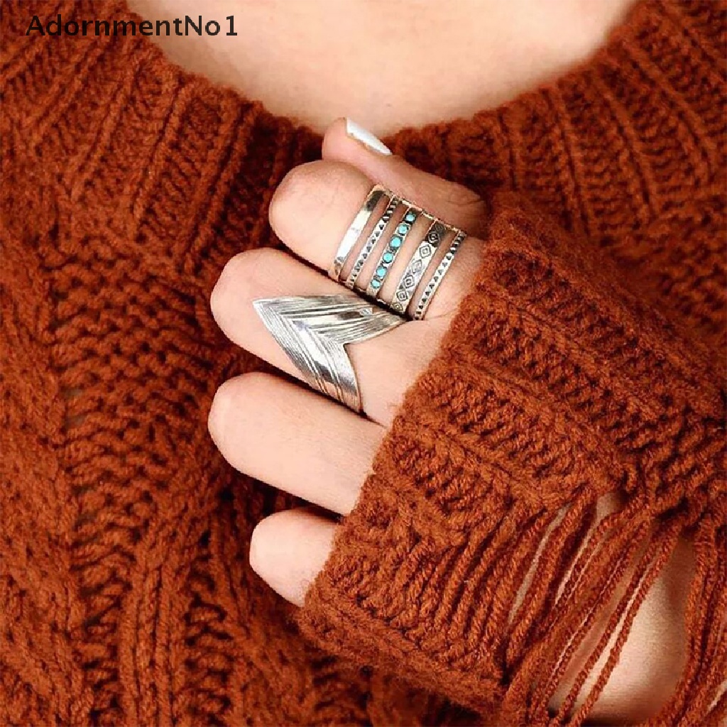 (AdornmentNo1) Cincin Silver Multilayer Gaya Bohemian Aksen Hollow + Turquoise Untuk Perhiasan Pria / Wanita