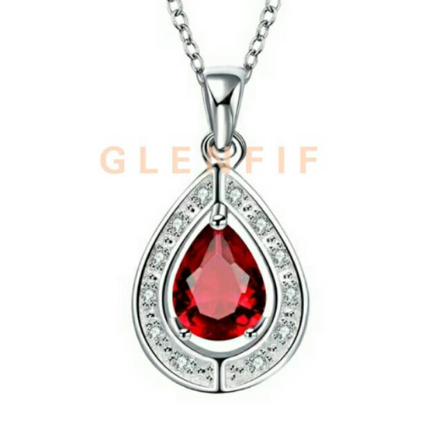 Kalung Perak + Liontin Perak model Elips Permata Merah Variasi Permata Putih