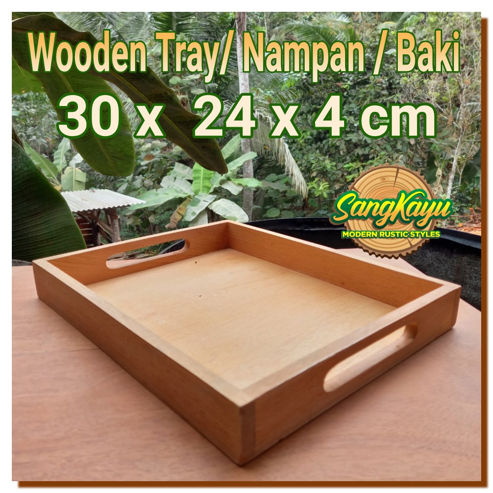 Nampan kayu +handle 30x24x4cm Wooden Tray kotak serbaguna baki kayu