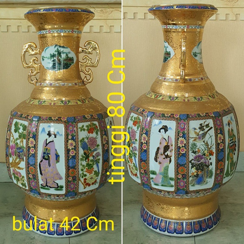 GUCI KERAMIK GUCI ANTIK IMPORT BAGUS MURAH PUTIH MOTIF EMAS BURUNG
