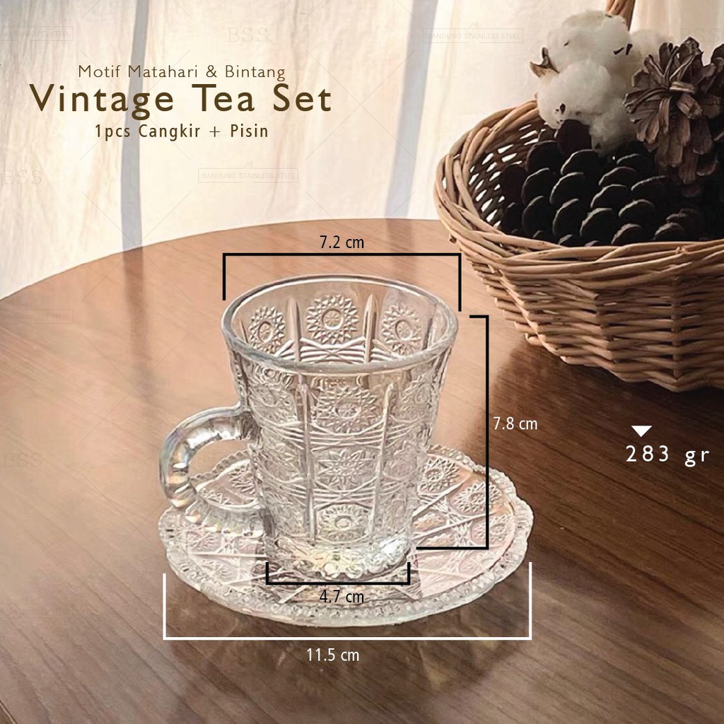 Cangkir Teh Kaca Gelas Vintage Motif Matahari Bintang Timbul Kopi Tea 140ML