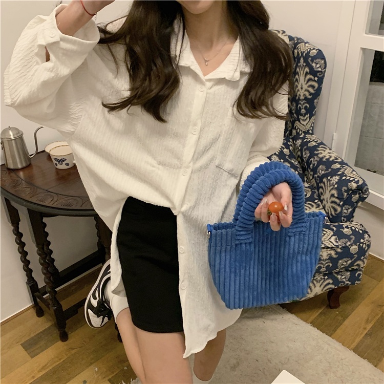 wanita shirt atasan crinkle warna solid korea style blouse lengan panjang retro import top