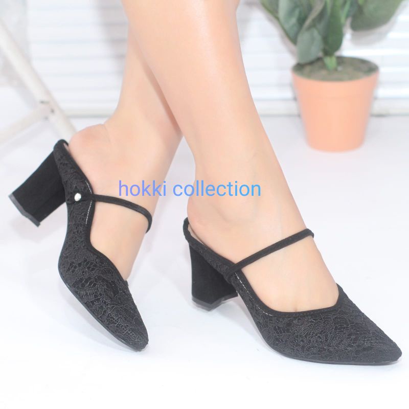 Sandal selop brokat pesta hells tinggi 7 cm model tali terbaru