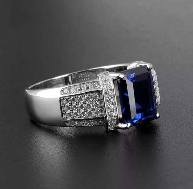 Cincin Pria Perak Blue Saphire Elegan Mewah Berkelas Safir Biru