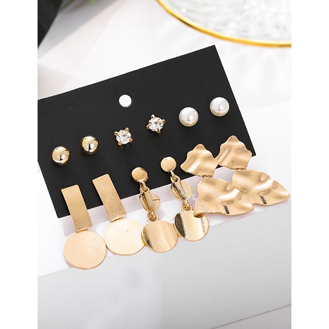 LRC Anting Set Fashion Gold Pearl Leaf Geometric Earring Set F88406